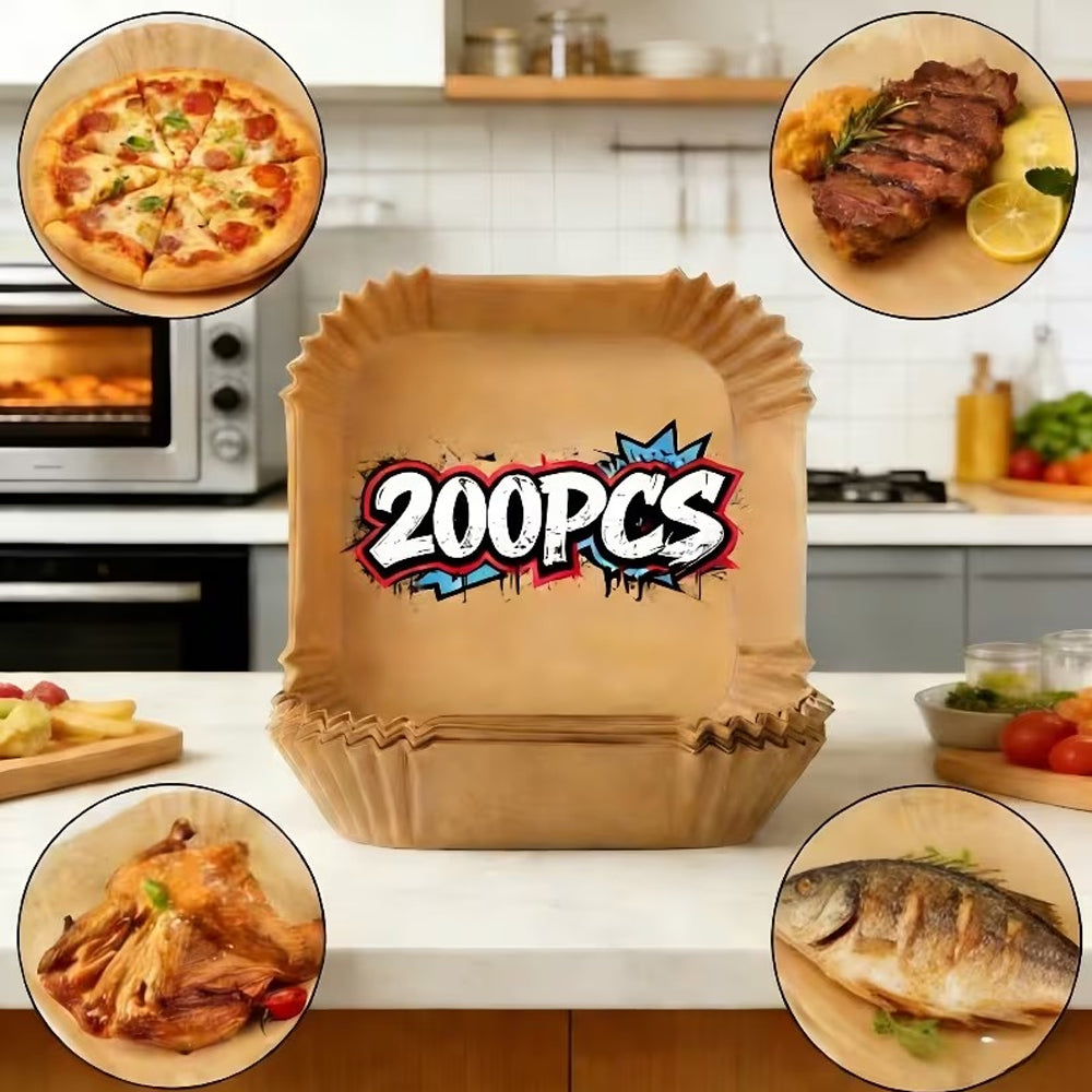200 Pieces Square Air Fryer Paper Sheet Liners Disposable Greaseproof & Waterproof Parchment Trays for Cooking, Baking, Roasting Non-Stick Air Fryer Liners