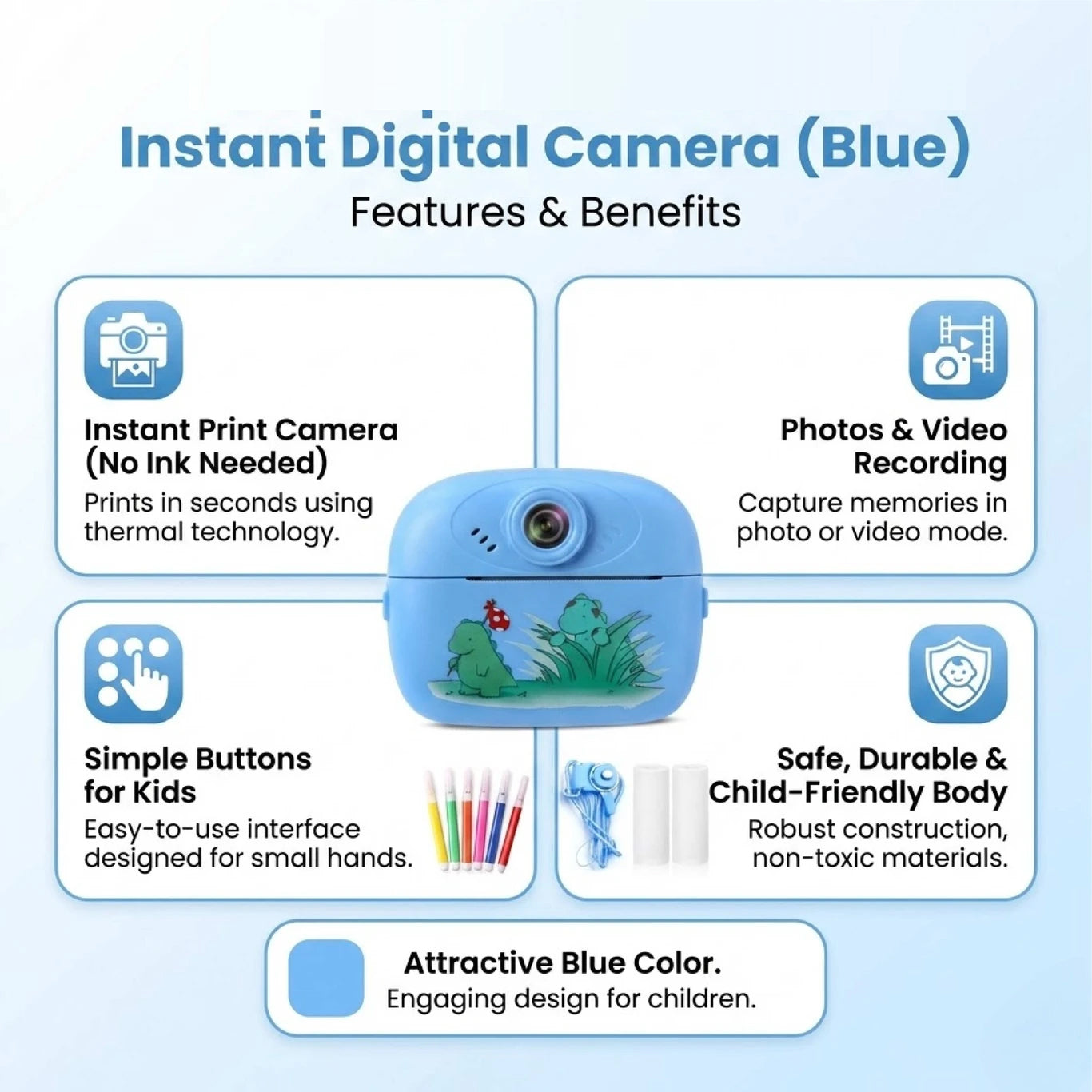 KC02 Kids Instant Print Camera Thermal Printing Camera for Children with 2.4” LCD Screen | Video Recording | MP3 Player | Rechargeable Battery | Includes Print Paper Blue