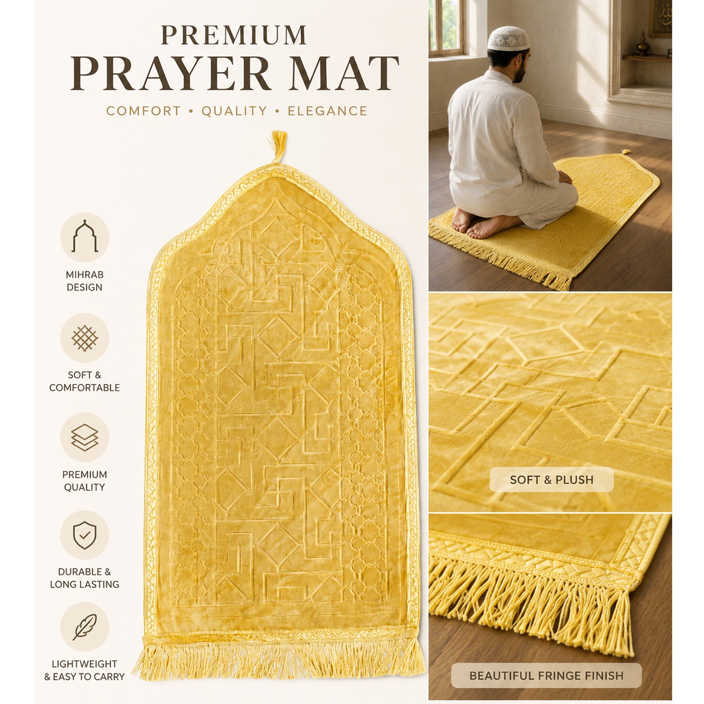 Luxury Velvet Islamic Prayer Mat with Mihrab Design & Decorative Fringe Soft Plush Muslim Salah Prayer Rug, 60 x 35 cm