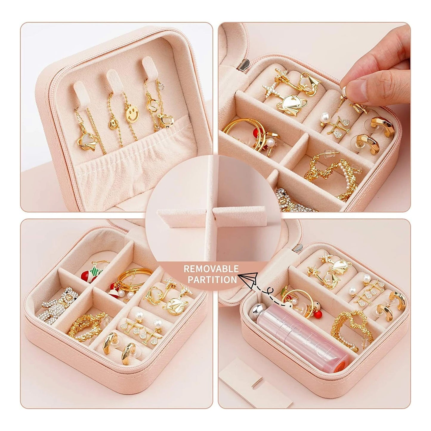 Portable Travel Jewelry Organizer Box with Zipper Compact Jewelry Storage Case for Rings, Earrings, Necklaces, Bracelets, Watches & Small Accessories