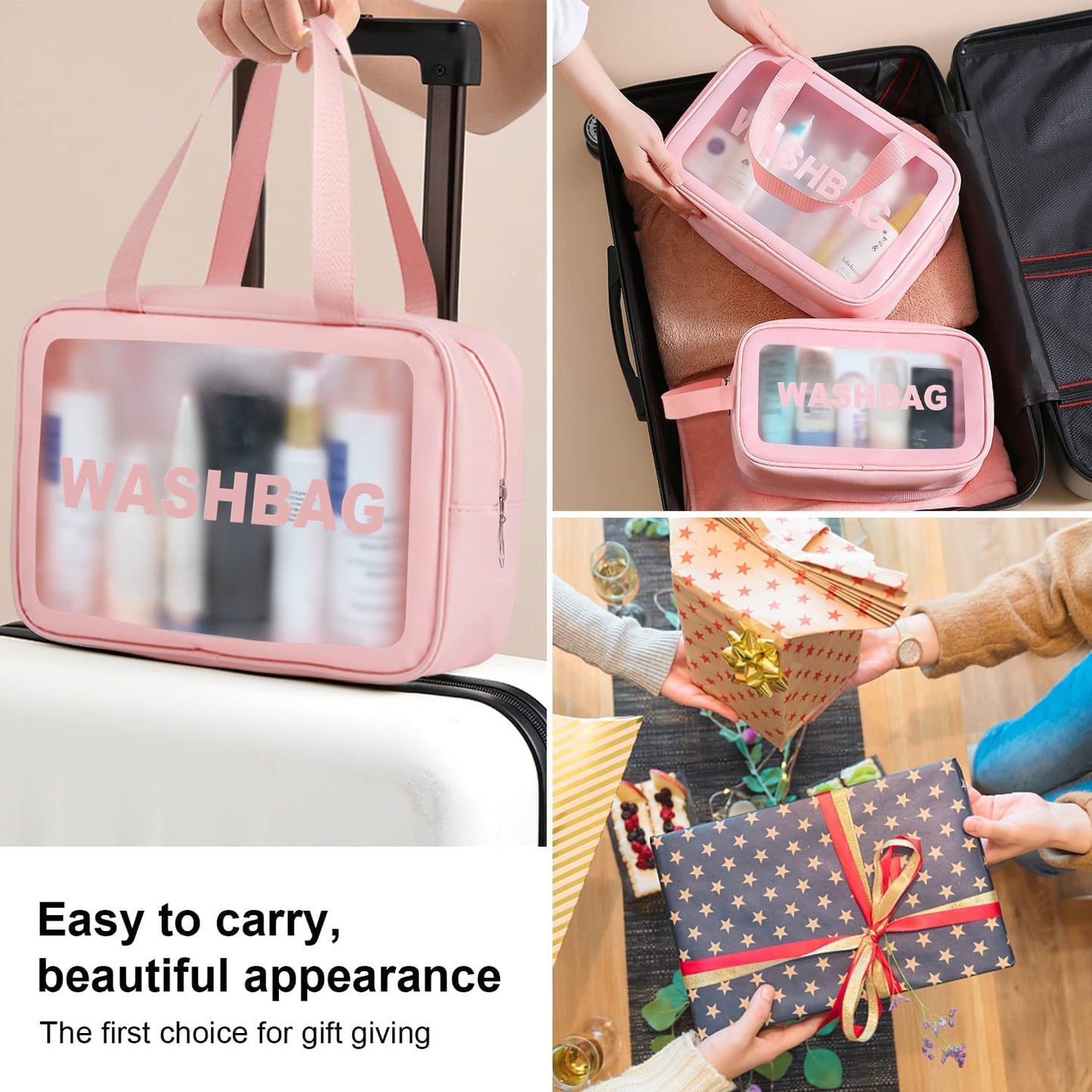 Set of 3 Waterproof Travel Wash Bags with Transparent Window Zipper Closure & Carry Handle – Portable Cosmetic, Toiletry & Makeup Organizer Set for Travel, Bathroom & Daily Use