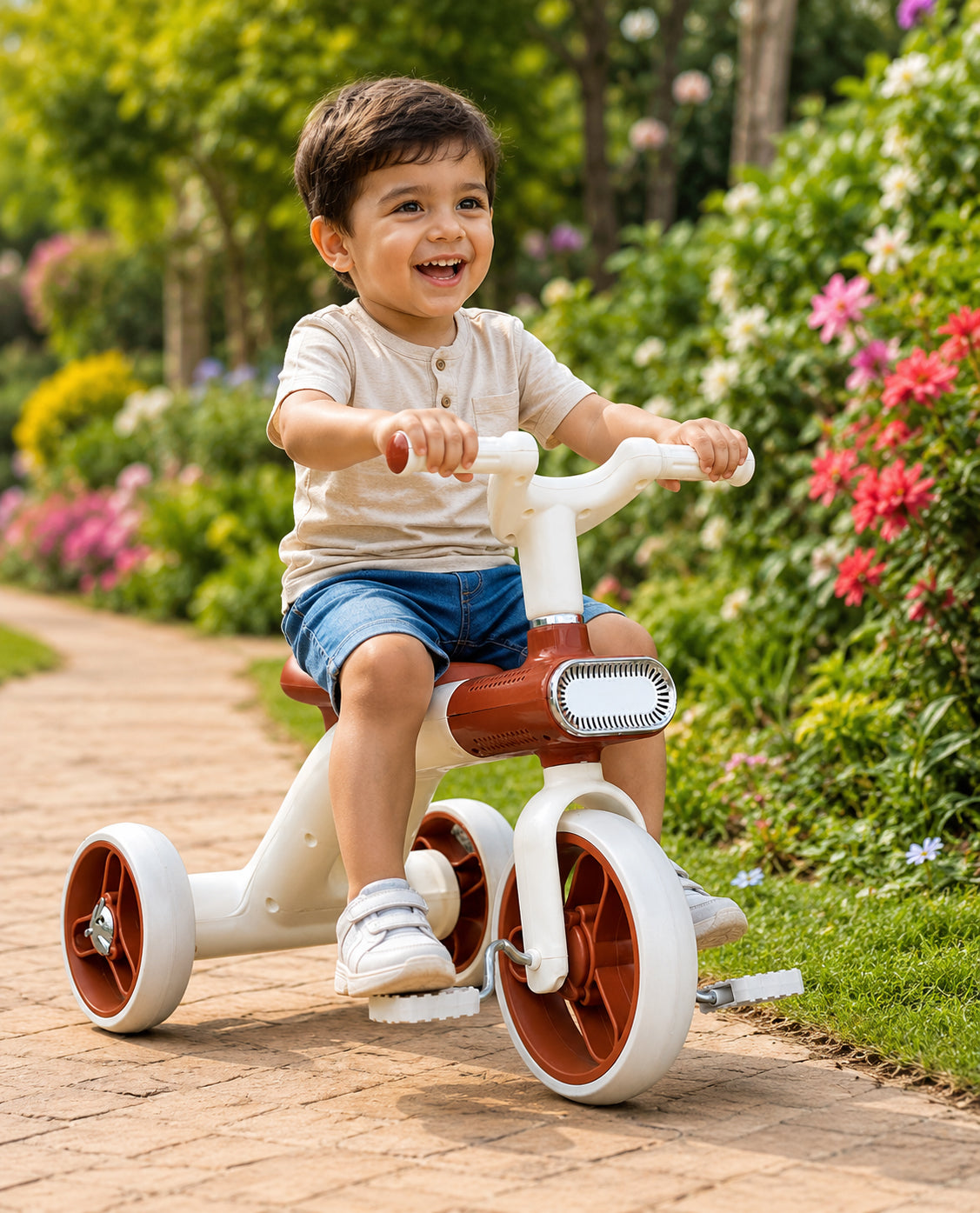 Kids Tricycle Pedal-Powered Ride-On Trike with Built-in Light & Music Headlight EVA Silent Wheels, Anti-Slip Pedals, Comfortable Seat, Durable Frame Indoor & Outdoor First Bicycle for Boys and Girls