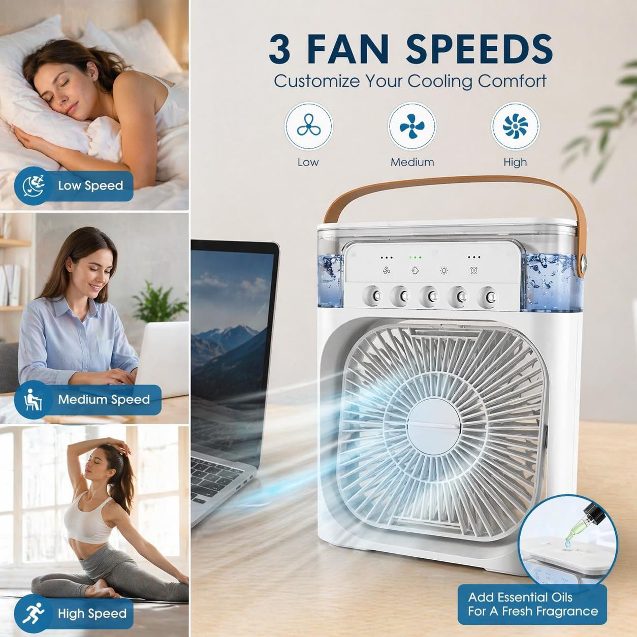 Portable Air Cooler Fan with Humidifier 3-Speed Turbo Cooling LED Night Light USB Powered Personal Air Cooler for Home, Office & Travel White
