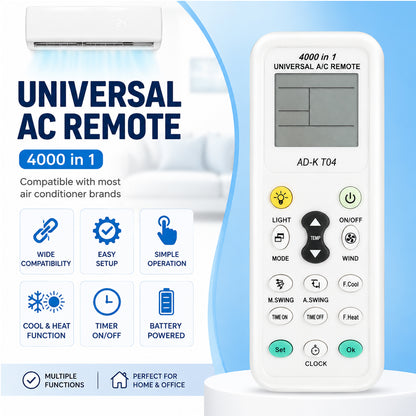 Universal Air Conditioner Remote Control 4000-in-1 With LCD Display, Easy Setup, Timer, Cool & Heat Functions Compatible with Most AC Brands White