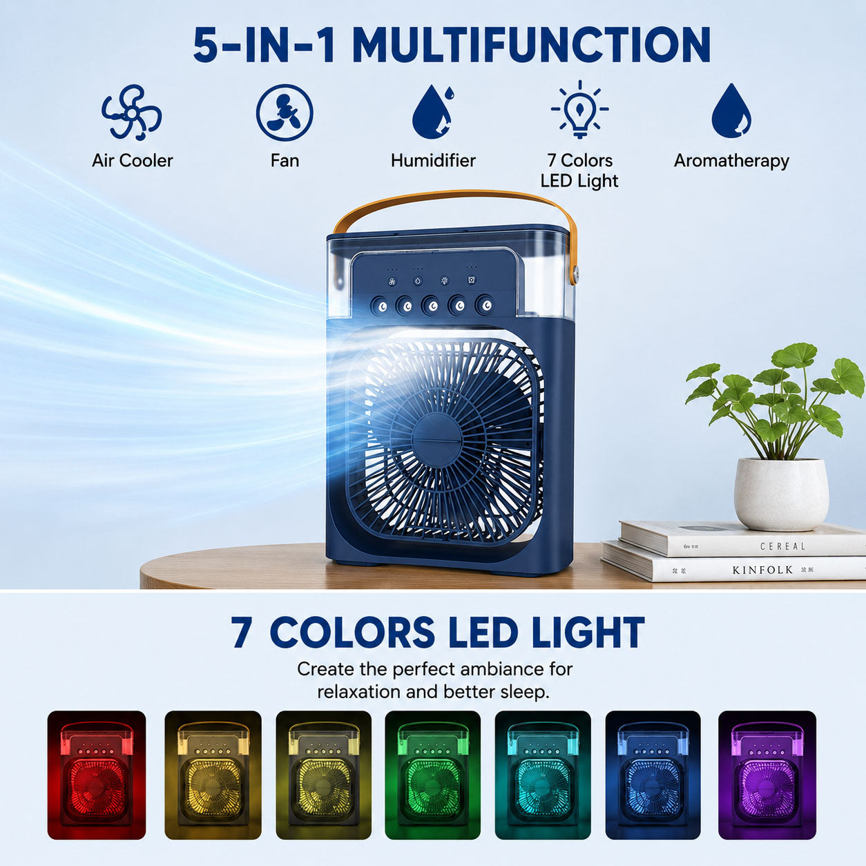 Portable Air Cooler Fan with Humidifier 3-Speed Turbo Cooling LED Night Light USB Powered Personal Air Cooler for Home, Office & Travel Blue