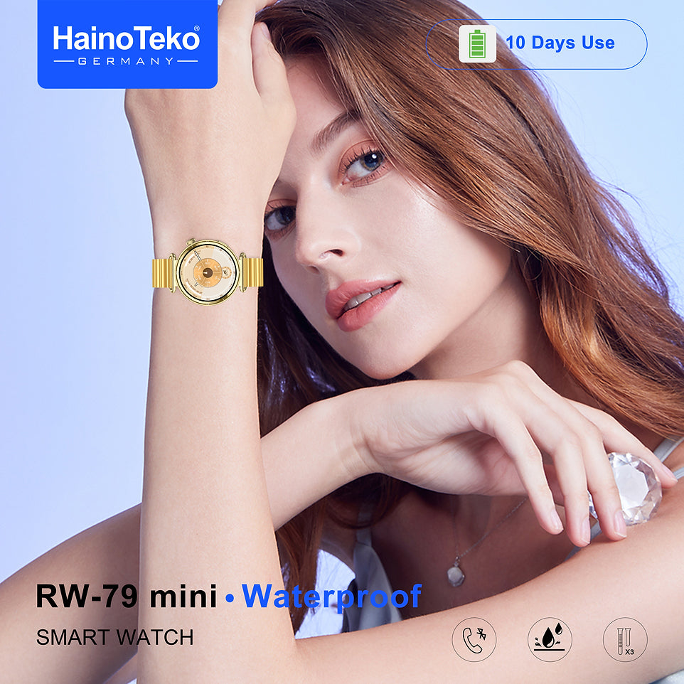 HainoTeko RW-79 Mini Waterproof Smart Watch with AMOLED Display Bluetooth Call 3 Interchangeable Straps and Charging Cable Designed for Ladies