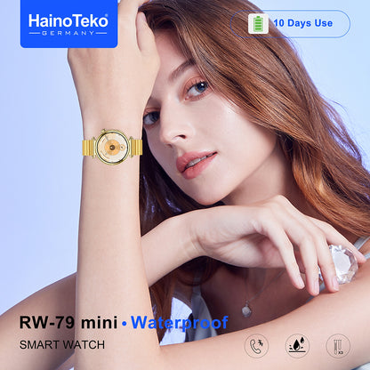 HainoTeko RW-79 Mini Waterproof Smart Watch with AMOLED Display Bluetooth Call 3 Interchangeable Straps and Charging Cable Designed for Ladies