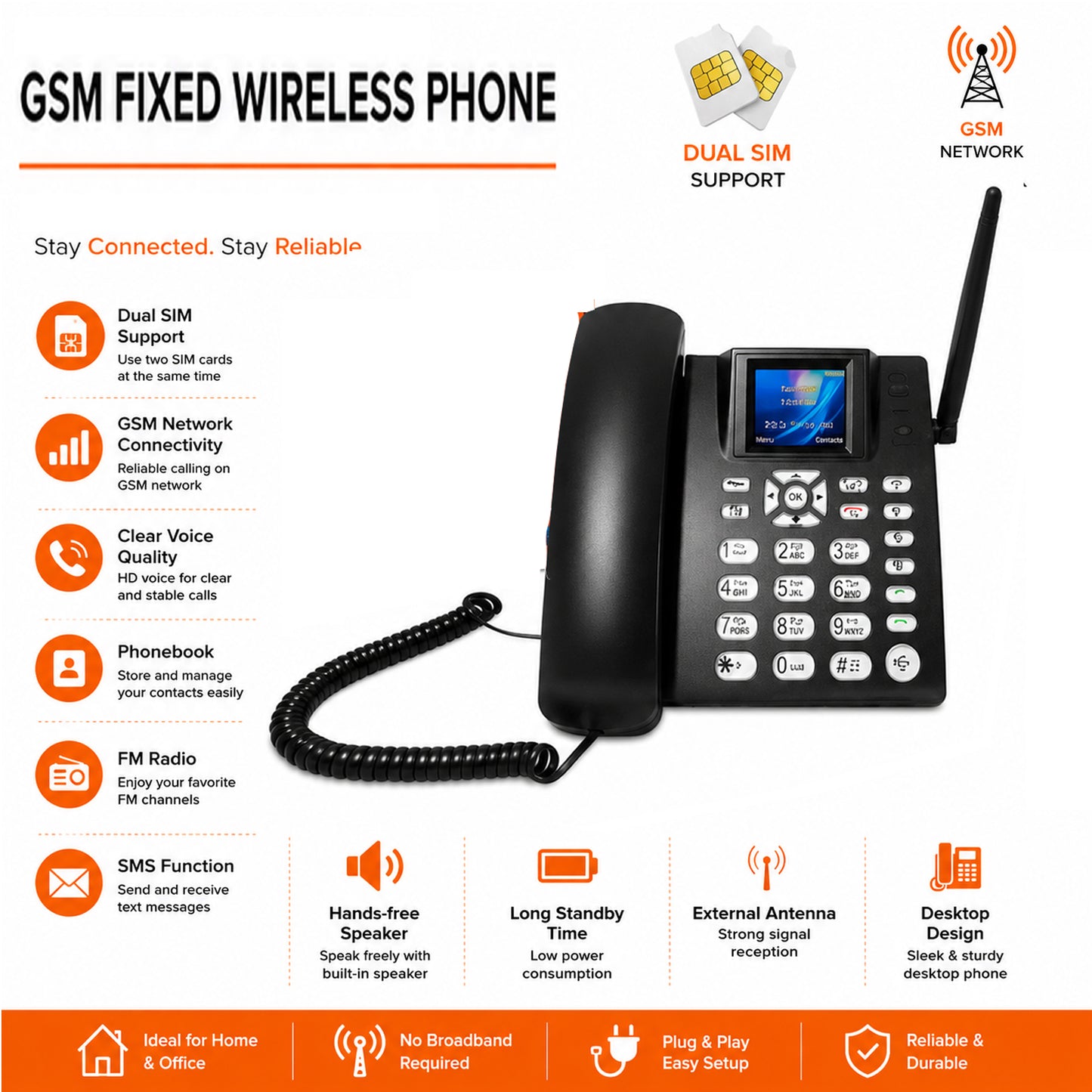 Dual SIM GSM Fixed Wireless Desktop Phone with LCD Display, External Antenna, FM Radio, SMS Support, Hands-Free Calling, Rechargeable Battery for Home & Office