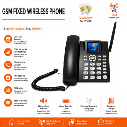 Dual SIM GSM Fixed Wireless Desktop Phone with LCD Display, External Antenna, FM Radio, SMS Support, Hands-Free Calling, Rechargeable Battery for Home & Office