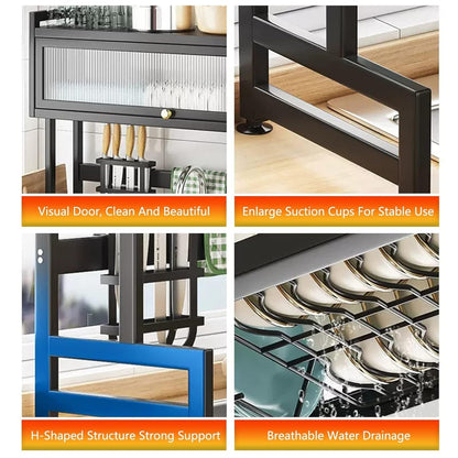 Multifunctional Kitchen Organizer Rack Over-Sink Kitchen Dish Drying Rack with Dustproof Sliding Cover,Utensil Holder, Knife Holder, Cutting Board Rack, Hooks & Drainage Shelf – Black