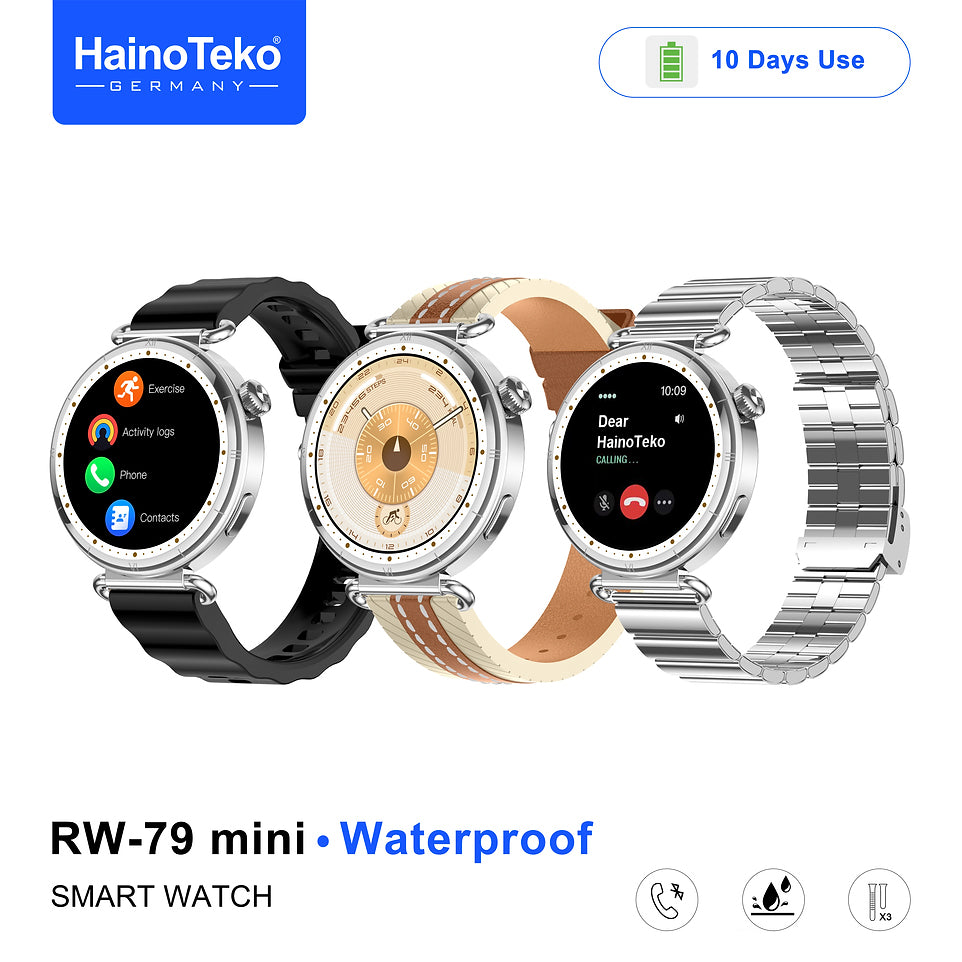 HainoTeko RW-79 Mini Waterproof Smart Watch with AMOLED Display Bluetooth Call 3 Interchangeable Straps and Charging Cable Designed for Ladies