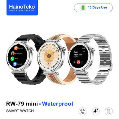 HainoTeko RW-79 Mini Waterproof Smart Watch with AMOLED Display Bluetooth Call 3 Interchangeable Straps and Charging Cable Designed for Ladies