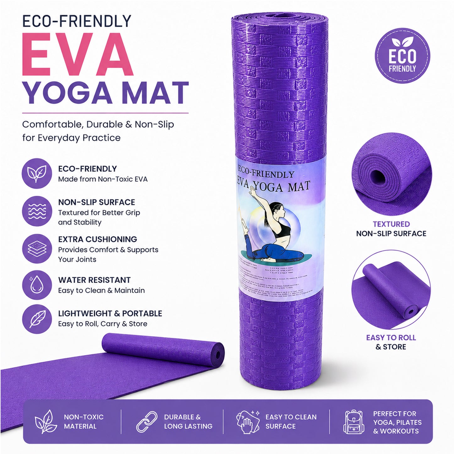 Eco-Friendly EVA Yoga Mat Non-Slip Exercise Mat with Textured Surface, Extra Cushioning, Water-Resistant, Lightweight Fitness Mat for Yoga, Pilates & Home Workouts