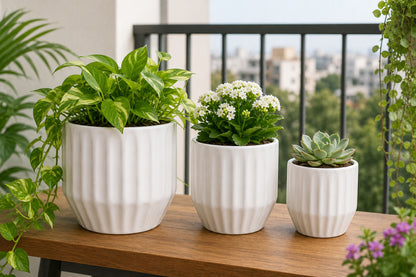 Decorative Ceramic Plant Pots Set of 3 for Indoor & Outdoor Plants – Modern Ribbed Flower Planters, White Ceramic Pots for Home, Office, Balcony, Garden & Living Room Décor