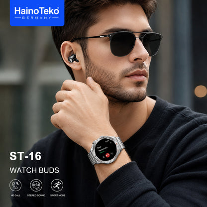 HainoTeko ST-16 Watch Buds Smartwatch with Built-in Wireless Earbuds AMOLED Display, Bluetooth Calling, 3 Interchangeable Straps, 10-Day Battery Life and Charging Cable Designed for Men