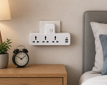 GKK Guokang 706 Universal Power Socket Adapter with 3 AC Outlets, 2 USB Ports & 1 Type-C Fast Charging Port, Individual Power Switch, Flame-Retardant Multi Plug Extension Adapter White