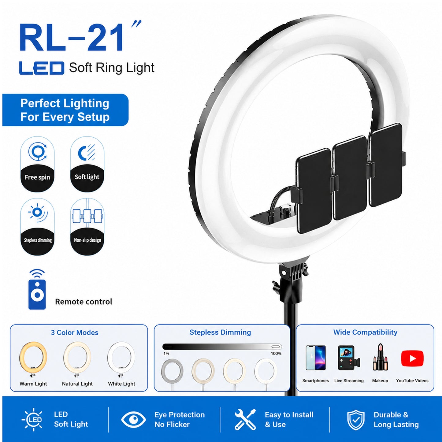 21-Inch LED Ring Light with Tripod Stand, 3 Phone Holders & Remote Control – Dimmable Ring Light for Live Streaming, Video Recording, Photography, Makeup & Content Creation