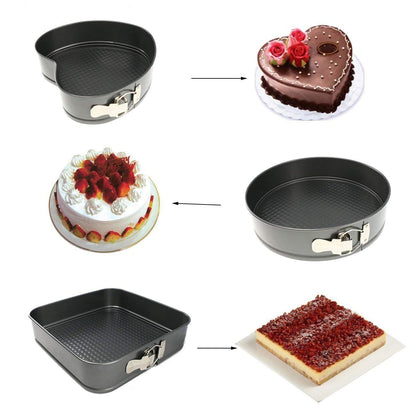 3-Piece Non-Stick Springform Cake Baking Pan Set Round, Heart & Square Shapes with Quick-Release Latch, Carbon Steel Bakeware Mould Set