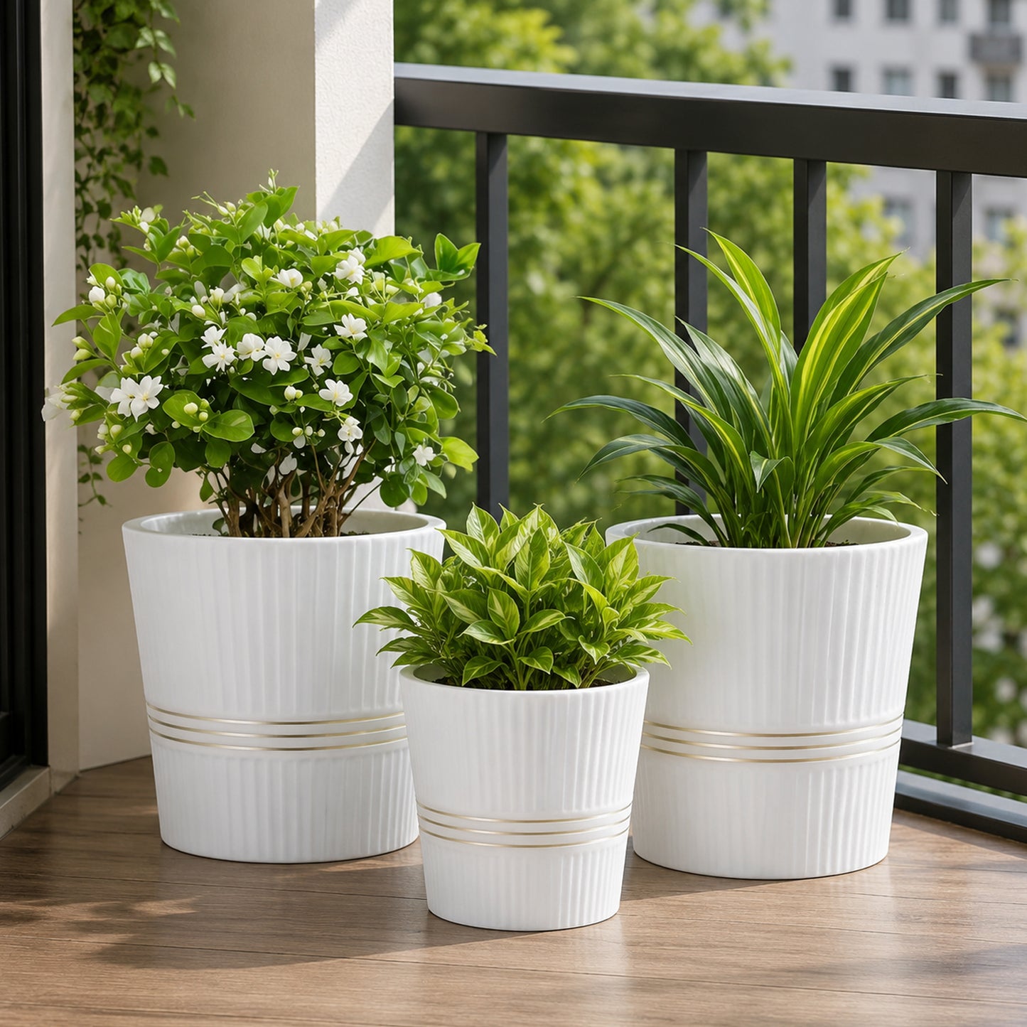 3-Piece Ceramic Plant Pot Set with Ribbed Design Decorative Indoor & Outdoor Flower Pots for Home, Balcony, Patio, Garden & Office White