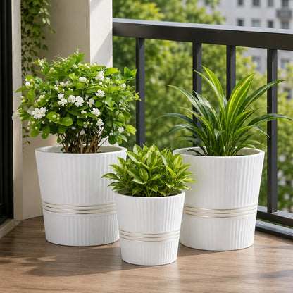 3-Piece Ceramic Plant Pot Set with Ribbed Design Decorative Indoor & Outdoor Flower Pots for Home, Balcony, Patio, Garden & Office White
