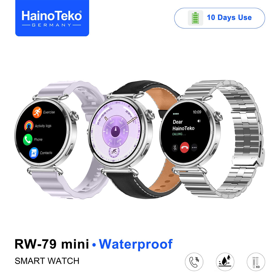 HainoTeko RW-79 Mini Waterproof Smart Watch with AMOLED Display Bluetooth Call 3 Interchangeable Straps and Charging Cable Designed for Ladies