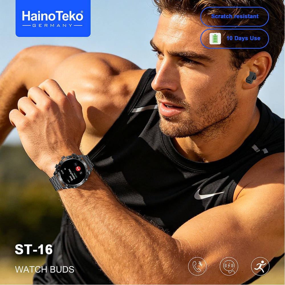 HainoTeko ST-16 Watch Buds Smartwatch with Built-in Wireless Earbuds AMOLED Display, Bluetooth Calling, 3 Interchangeable Straps, 10-Day Battery Life and Charging Cable Designed for Men