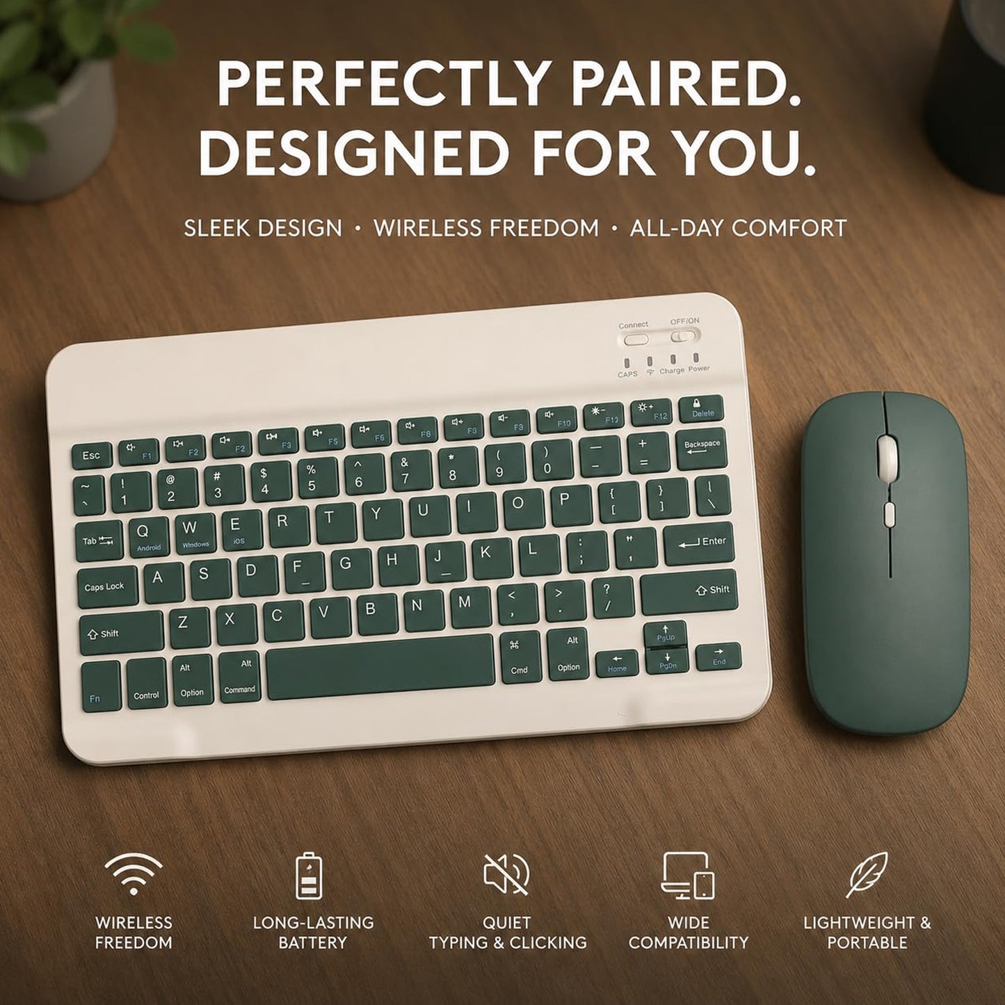 Wireless Rechargeable Keyboard & Mouse Combo with 2.4GHz USB Receiver, Silent Keys, Ergonomic Slim Design, Multi-Device Compatible for Windows, Android & iOS