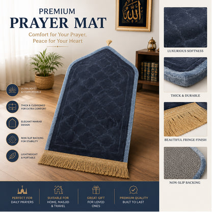 Luxury Velvet Islamic Prayer Mat with Mihrab Design & Decorative Fringe Soft Plush Muslim Salah Prayer Rug, 60 x 35 cm