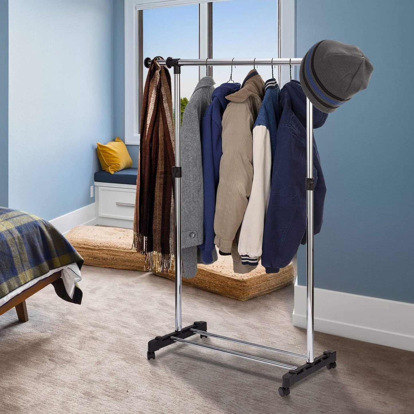 Adjustable Rolling Clothes Rack with Wheels, Heavy Duty Garment Rack, Portable Metal Clothing Hanging Stand, Extendable Coat Rack for Bedroom, Laundry Room, Retail Store & Home Organization