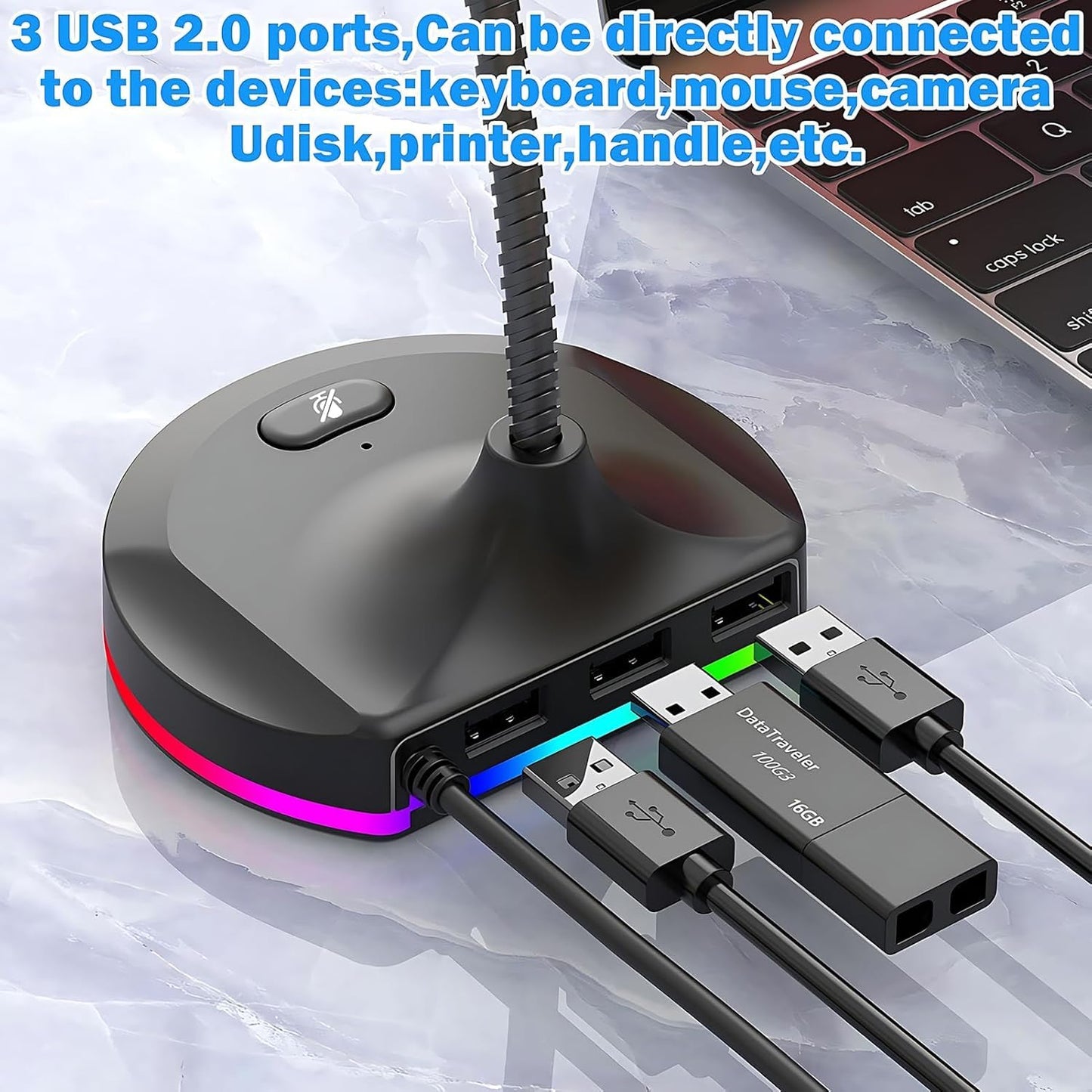 2-in-1 USB Desktop Microphone with 3-Port USB 2.0 Hub Low Noise Omnidirectional Mic with RGB Lighting Mute Button, Flexible Gooseneck for Meetings, Gaming & Online Classes