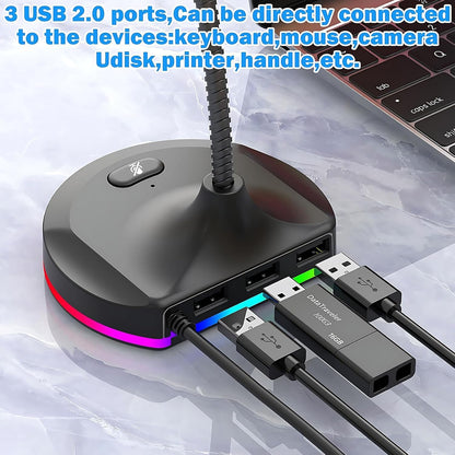 2-in-1 USB Desktop Microphone with 3-Port USB 2.0 Hub Low Noise Omnidirectional Mic with RGB Lighting Mute Button, Flexible Gooseneck for Meetings, Gaming & Online Classes