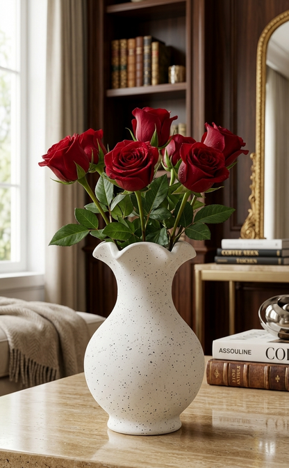 Lacoz Handcrafted Multipurpose Ceramic Flower Vase, White Ruffled Rim Design, Speckled Finish, Decorative Vase for Home Décor, Office, Hotel, School, Hospital