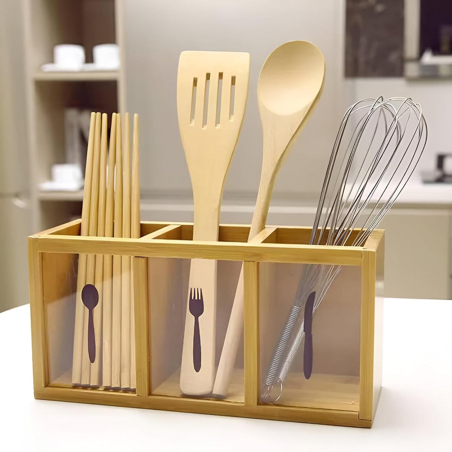 Natural Bamboo Cutlery Organizer with 3 Compartments Multipurpose Countertop Utensil Holder for Spoons, Forks, Knives, Kitchen Tools, Office Supplies & Dining Table Storage