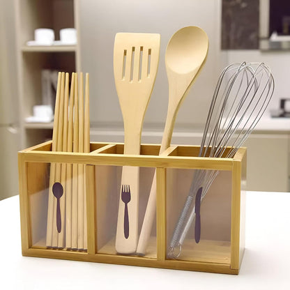 Natural Bamboo Cutlery Organizer with 3 Compartments Multipurpose Countertop Utensil Holder for Spoons, Forks, Knives, Kitchen Tools, Office Supplies & Dining Table Storage