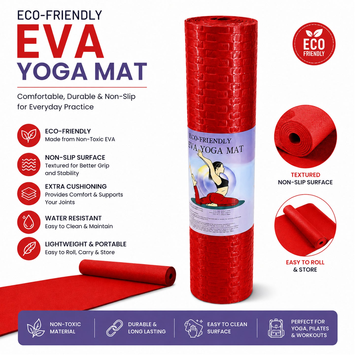 Eco-Friendly EVA Yoga Mat Non-Slip Exercise Mat with Textured Surface, Extra Cushioning, Water-Resistant, Lightweight Fitness Mat for Yoga, Pilates & Home Workouts
