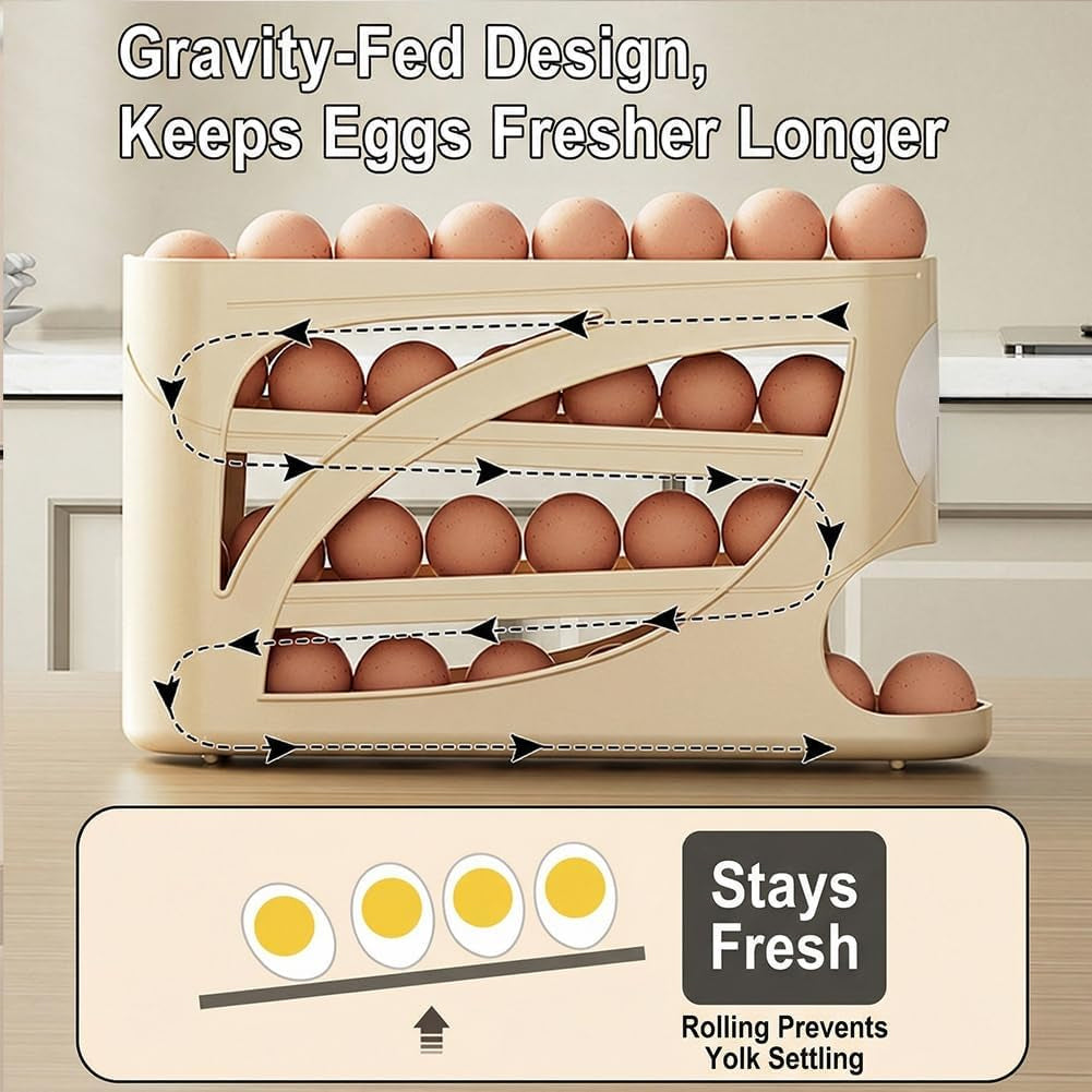 Automatic Rolling Egg Dispenser for Refrigerator, 4 Tier Egg Rack for Fridge, Space Saving Fridge Container, Holds 30 Eggs, Kitchen and Countertop Storage