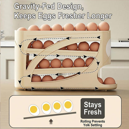 Automatic Rolling Egg Dispenser for Refrigerator, 4 Tier Egg Rack for Fridge, Space Saving Fridge Container, Holds 30 Eggs, Kitchen and Countertop Storage
