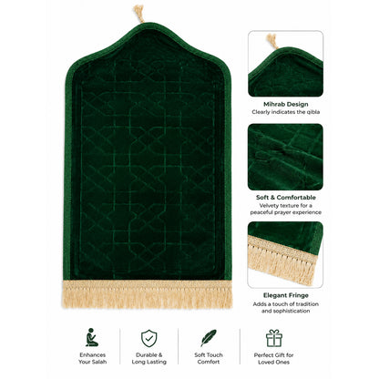 Luxury Velvet Islamic Prayer Mat with Mihrab Design & Decorative Fringe Soft Plush Muslim Salah Prayer Rug, 60 x 35 cm
