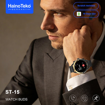 HainoTeko ST-15 Watch Buds Smartwatch with Built-in Earbuds Bluetooth Calling, AMOLED Display, 10-Day Battery Life, Health Monitoring and 3 Pair Straps Designed for Men