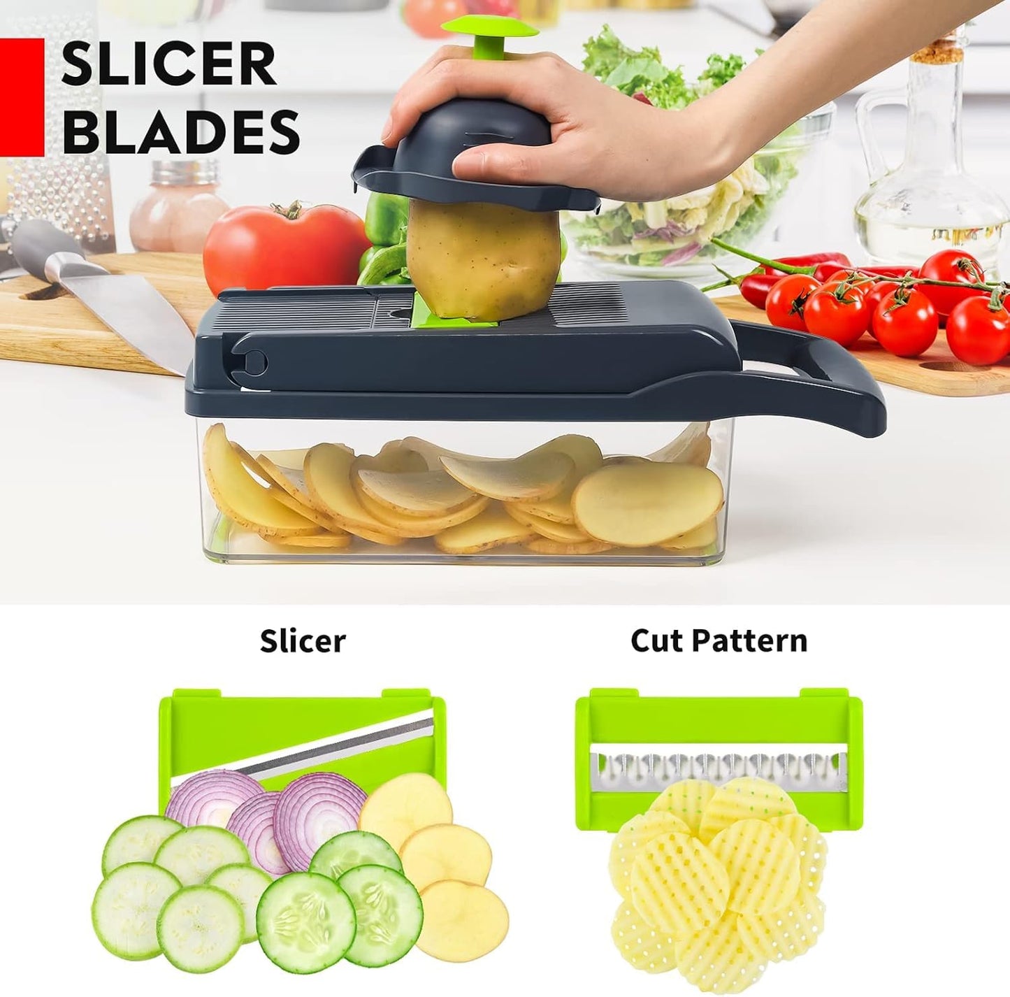16-in-1 Multifunction Vegetable Chopper & Mandoline Slicer Set with Interchangeable Blades Food Container, Grater, Peeler, Egg Separator & Hand Guard for Fruits and Vegetables
