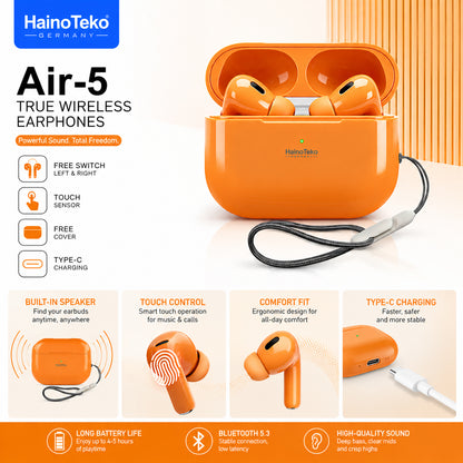 HainoTeko Air-5 Wireless Bluetooth Earbuds with Touch Sensor Built-in Speaker Multi-Functioanal Touch Control and Microphone Compatible With iPhones and iPads Orange