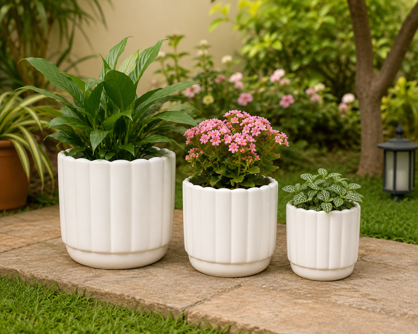 Set of 3 Decorative Fluted Plant Pots with Drainage Tray Modern Round Flower Pots for Indoor & Outdoor Plants,Home, Balcony, Patio & Office Decor White