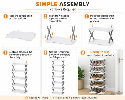 6-Tier Shoe Rack Storage Organizer with Sturdy X-Frame Support Premium PP Shelves, Space-Saving Multi-Layer Shoe Stand for Entryway, Bedroom, Closet & Living Room