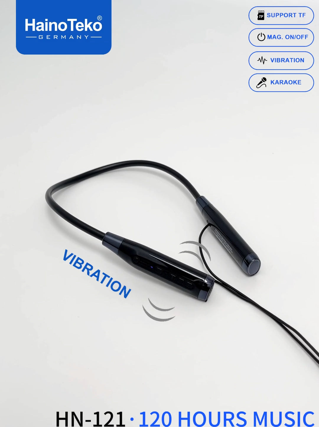 HainoTeko HN-121 Neckband Wireless Earphones 120 Hours Music Playback with Magnetic Power On/Off TF Card Support Vibration Alert and Karaoke Mode Black