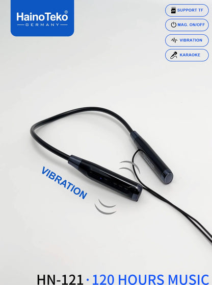 HainoTeko HN-121 Neckband Wireless Earphones 120 Hours Music Playback with Magnetic Power On/Off TF Card Support Vibration Alert and Karaoke Mode Black