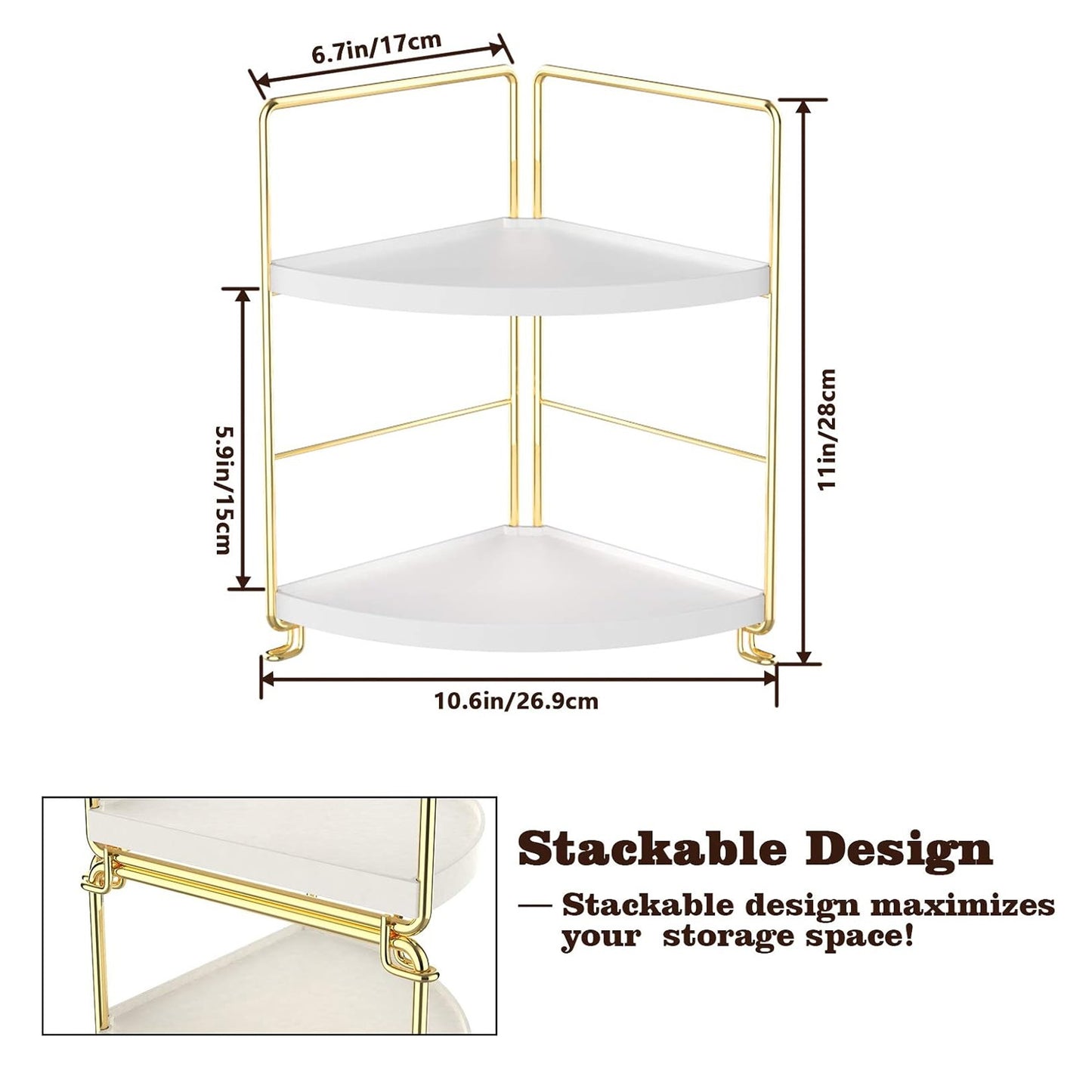 2-Tier Corner Countertop Storage Shelf Organizer with Metal Frame Stackable Multi-Purpose Corner Rack for Kitchen, Bathroom, Living Room & Office