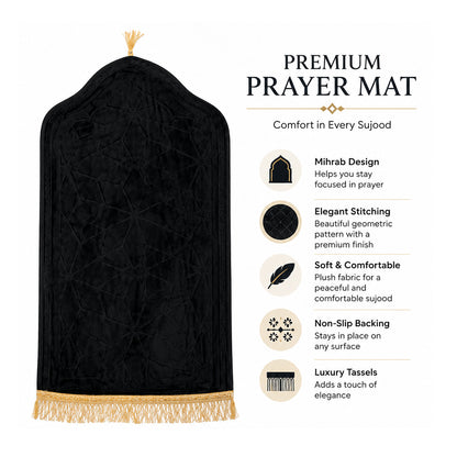 Luxury Velvet Islamic Prayer Mat with Mihrab Design & Decorative Fringe Soft Plush Muslim Salah Prayer Rug, 60 x 35 cm