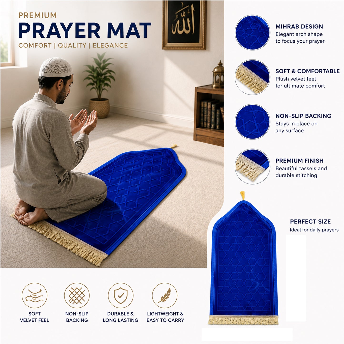 Luxury Velvet Islamic Prayer Mat with Mihrab Design & Decorative Fringe Soft Plush Muslim Salah Prayer Rug, 60 x 35 cm