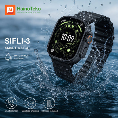 HainoTeko SIFLI-3 Waterproof Design Smart Watch with 2.02 Inch AMOLED Display BT Calling AI Translation 20 Days Battery Backup 3 Pair Straps and Charging Cable Designed for Men