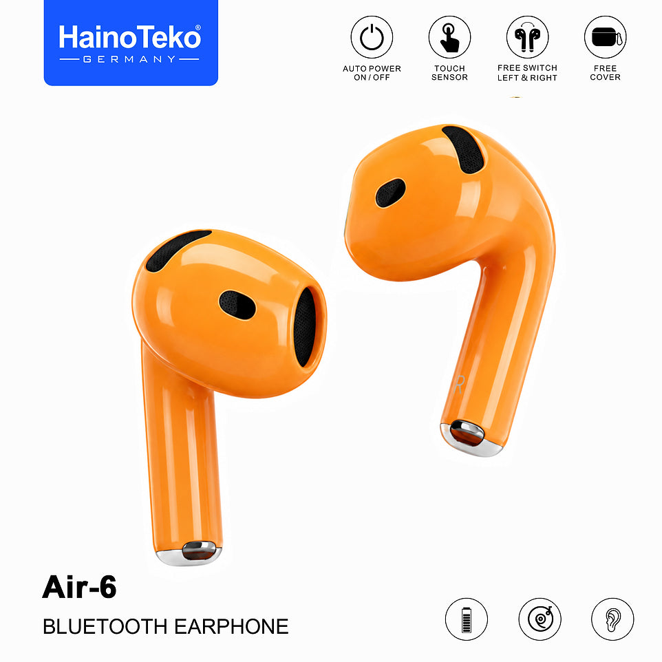 HainoTeko Air-6 TWS Bluetooth Earbuds with Charging Case Built-in Speaker, Touch Control and HD Microphone Compatible With Android Mobiles and Tablets Orange